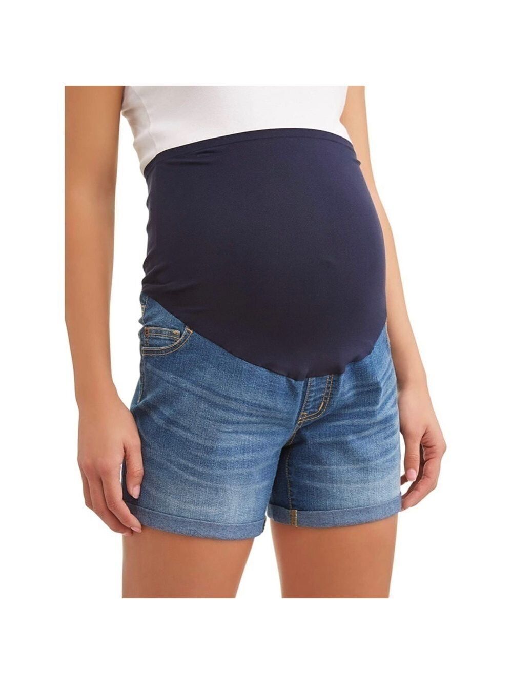 NEW Time & Tru Maternity Belly Band Rolled Cuff Stretch Light Denim Jean Shorts
